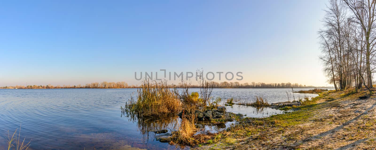 Panorama of the Dnieper River in Kiev during a cold and clear winter afternoon