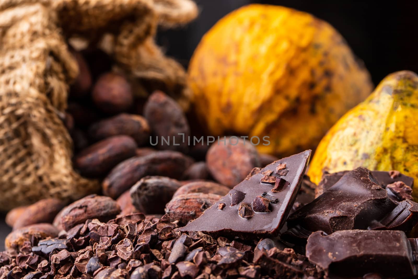 Dark chocolate pieces crushed and cocoa beans, top view