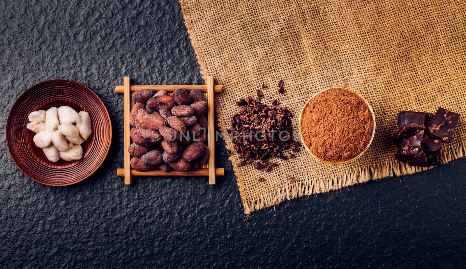 Dark chocolate pieces crushed and cocoa beans, top view by freedomnaruk