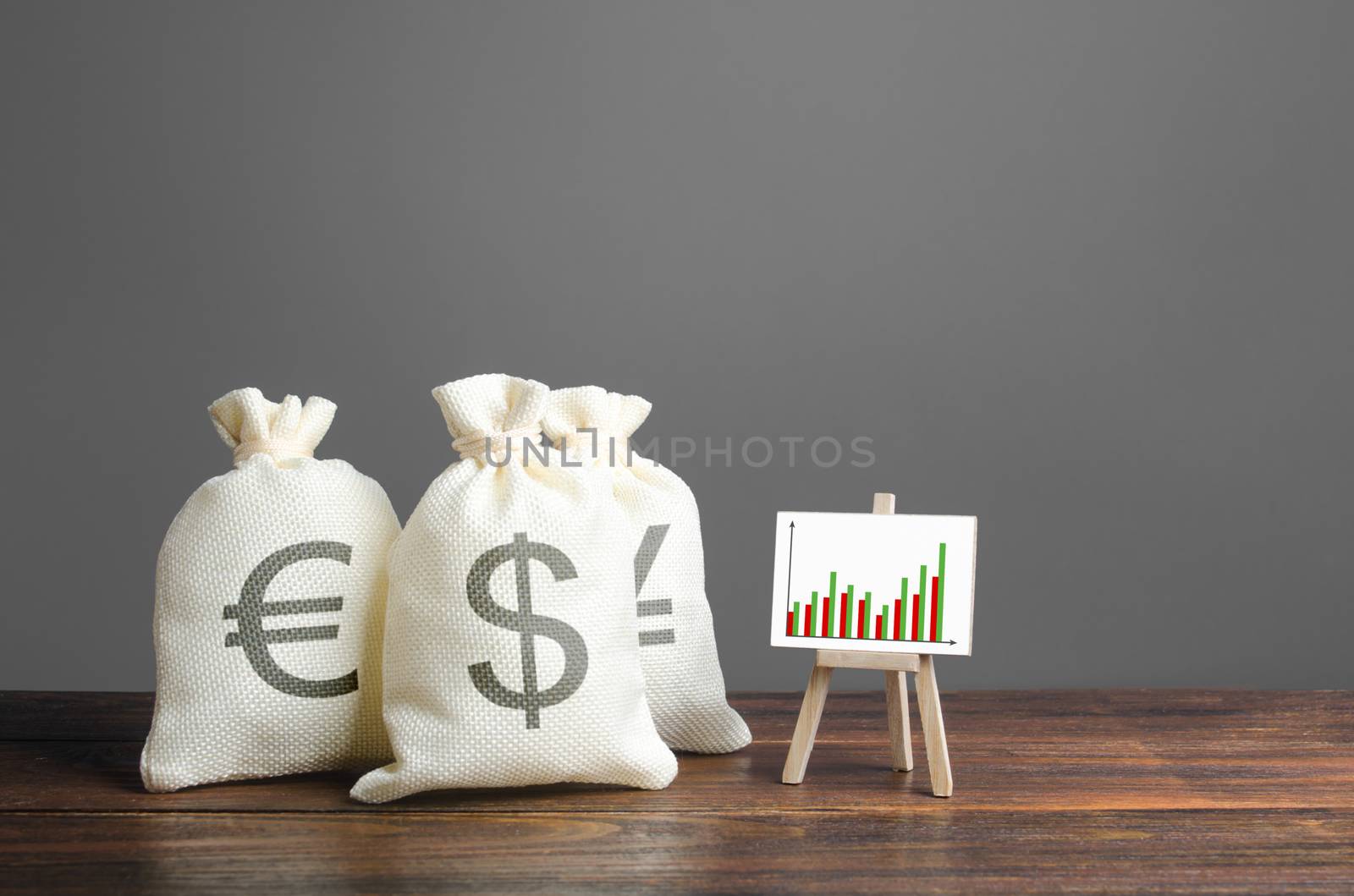 Money bags of world currencies and an easel with a positive growth chart. Attracting investment and increasing profits. Economic growth. Financial management, profitable business, favorable conditions