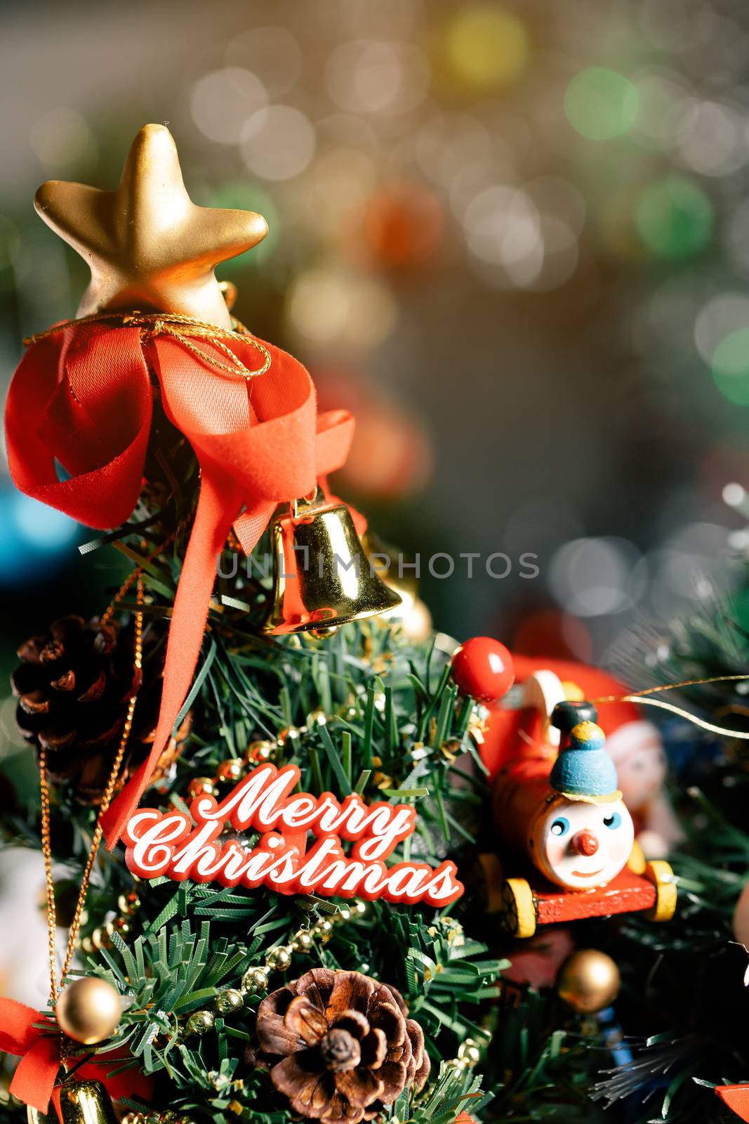 Christmas background with decorations and gift boxes on wooden