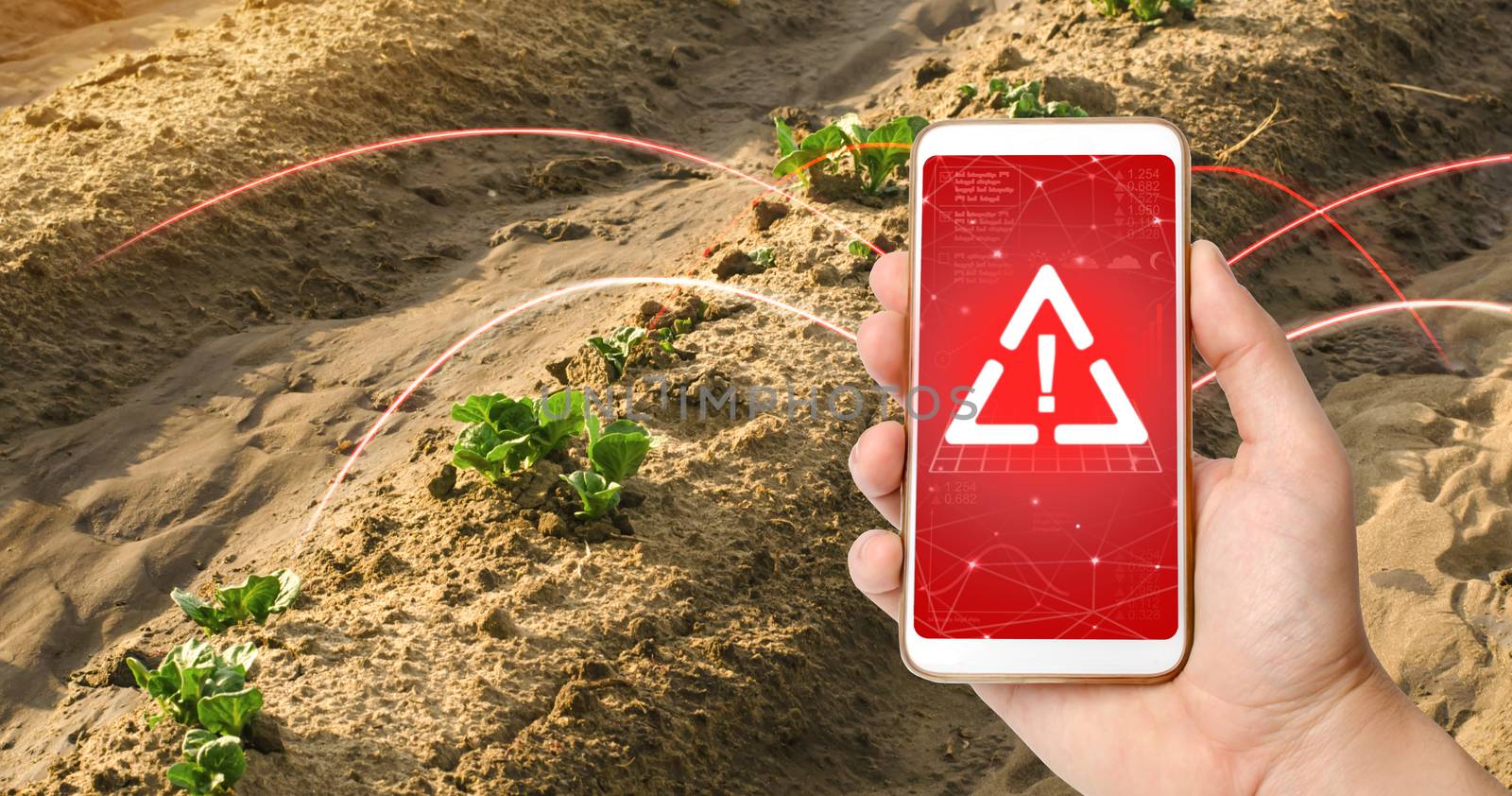 A phone and a warning sign on the background of young sprouts of potatoes make way from under the earth. use of harmful pesticides and chemicals in agriculture. presence of microplastics in the crop by iLixe48