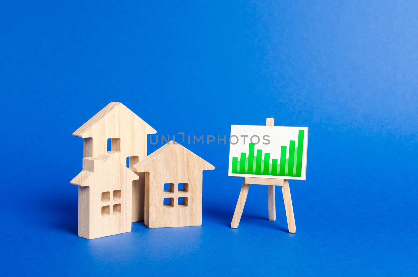 three wooden houses and a positive trend chart on a stand. Real estate value increase. High rates of construction, high liquidity. Supply and demand. Rising prices for housing, building maintenance. by iLixe48