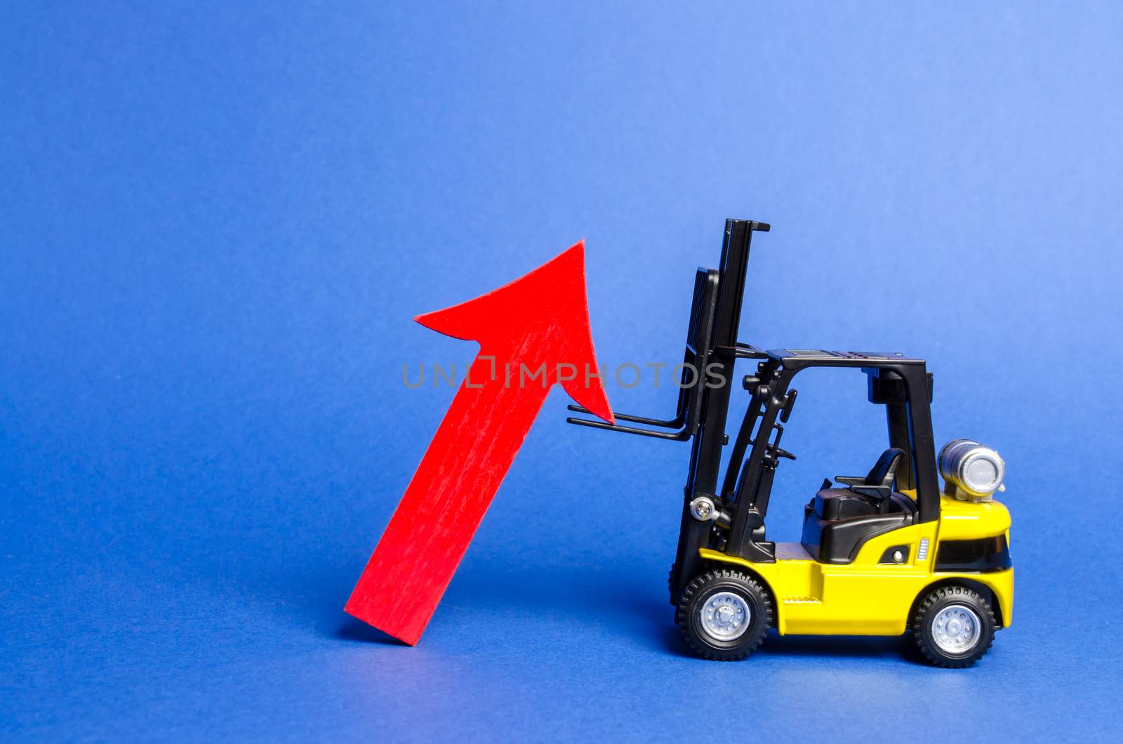 A yellow forklift raises a big red arrow up. Growth in production rates and development of industry and infrastructure. Increased sales, economy growth. Concept of increase, growth and success. by iLixe48