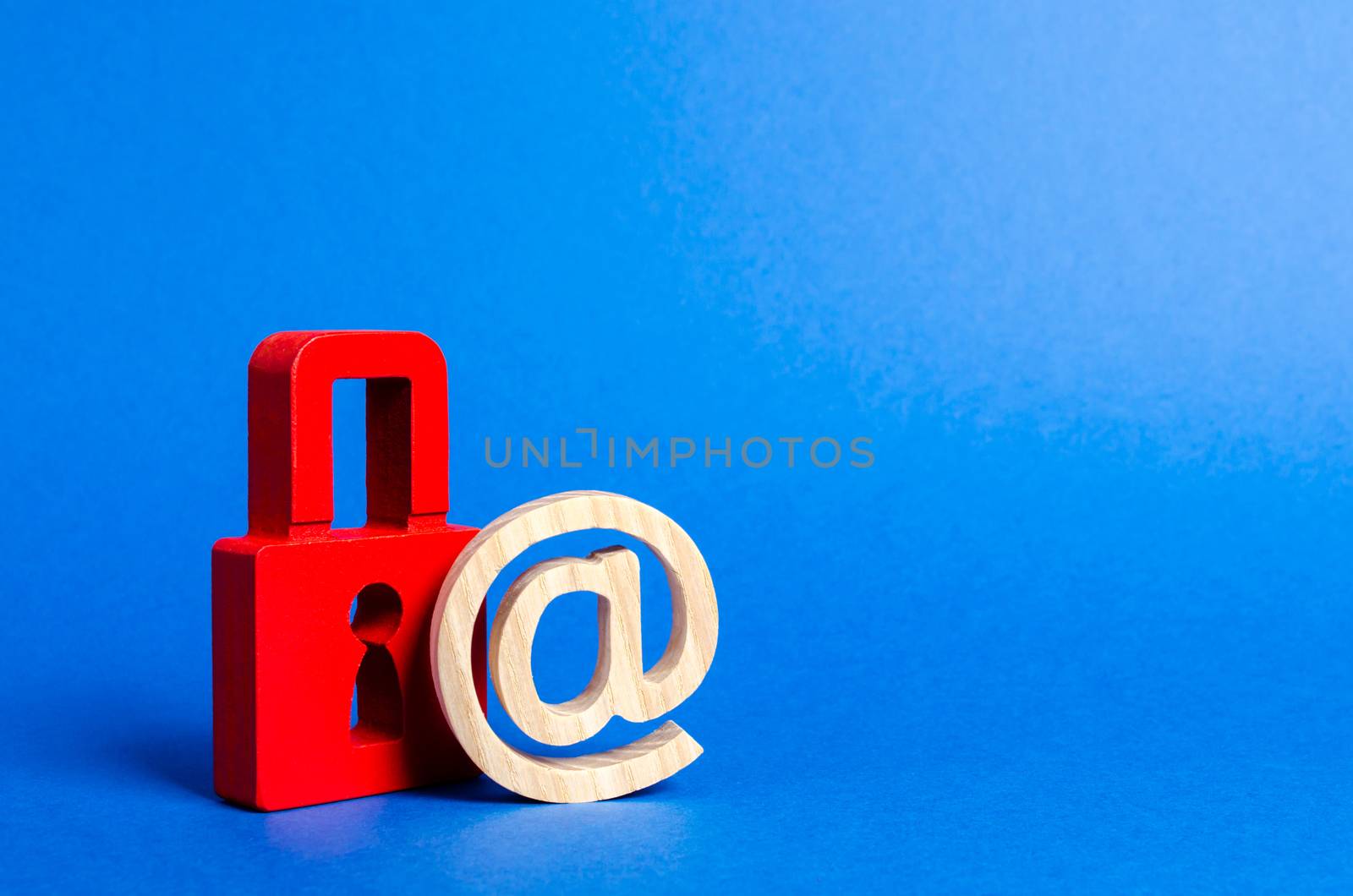 Email symbol and red padlock. Protection against Internet threats and hacker attacks. Safety of personal data, privacy of users. Safe surfing global network, unwanted content NSFW. Virus, antivirus