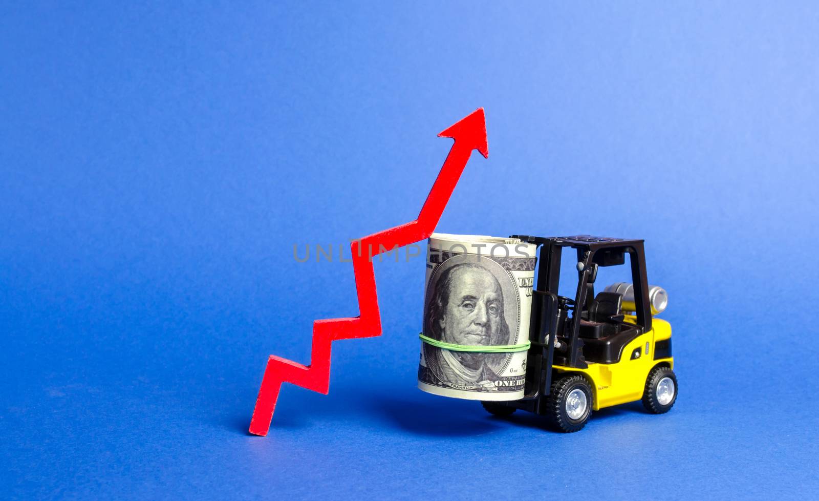 Yellow Forklift truck carries a big bundle of dollars and red up arrow. Growth of income and profit. progress of industrial and logistics industries, wage growth, Economic reforms, emerging markets