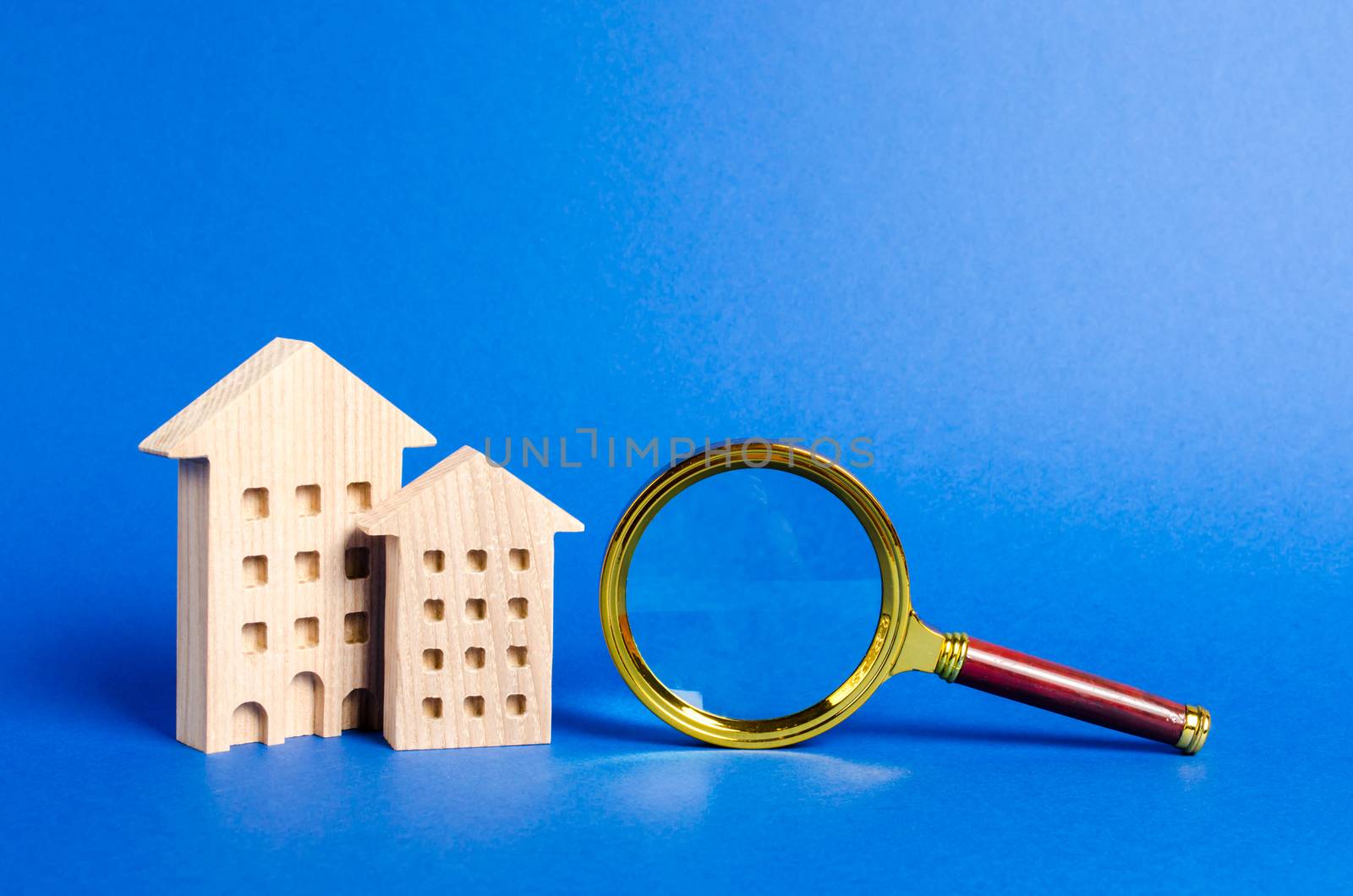 figures of residential buildings and magnifying glass. Home appraisal. Property valuation. Realtor services for renting and buying an apartment or house. House searching concept. Real estate by iLixe48