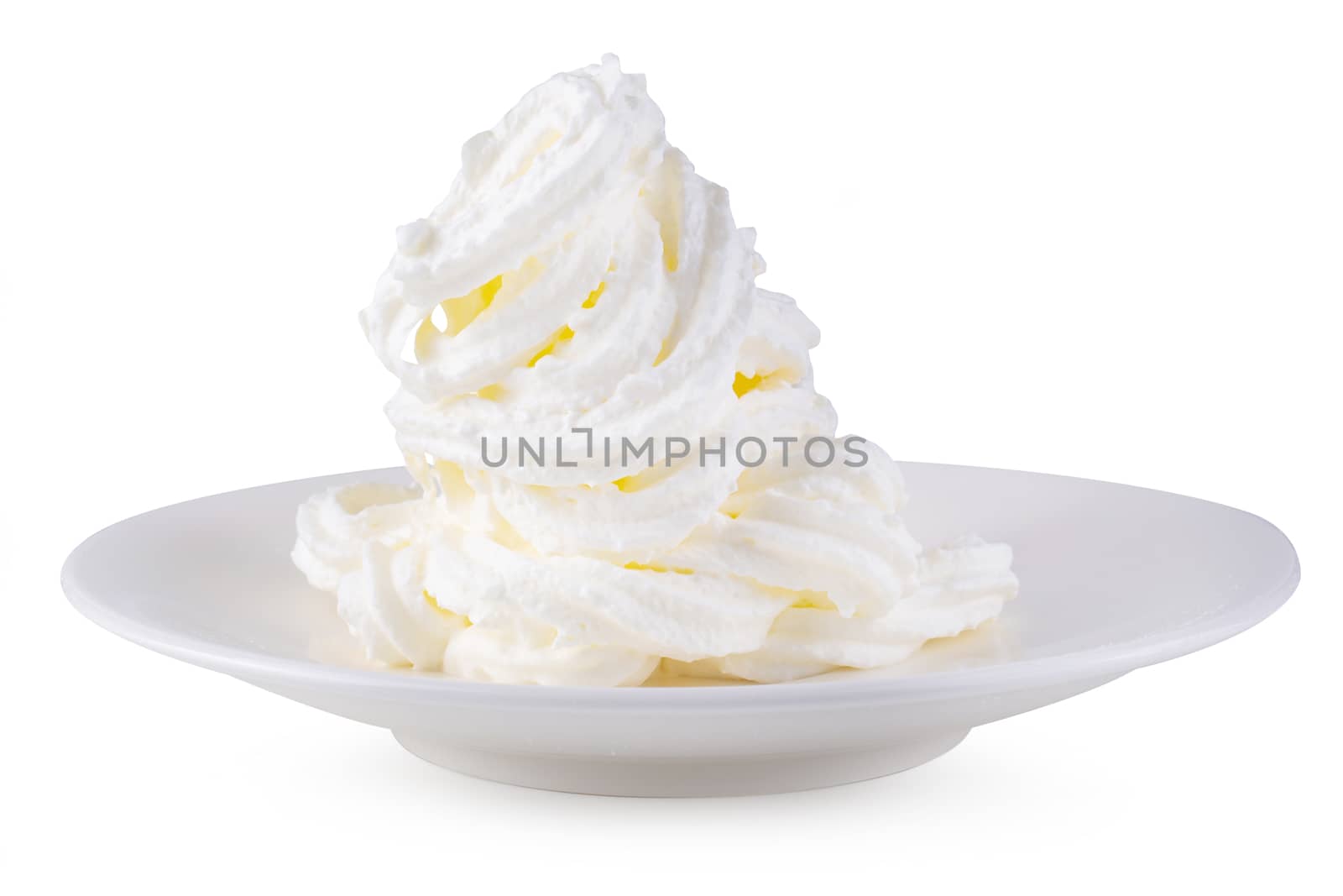 Bowl of whipped cream isolated on white background.