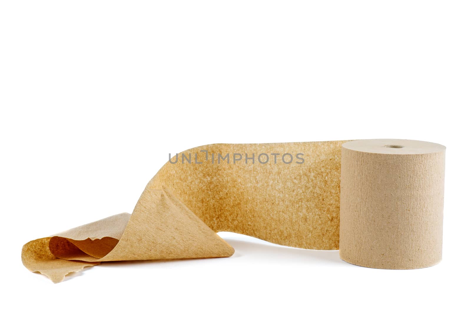 Roll of low quality brown toilet paper isolated on white background