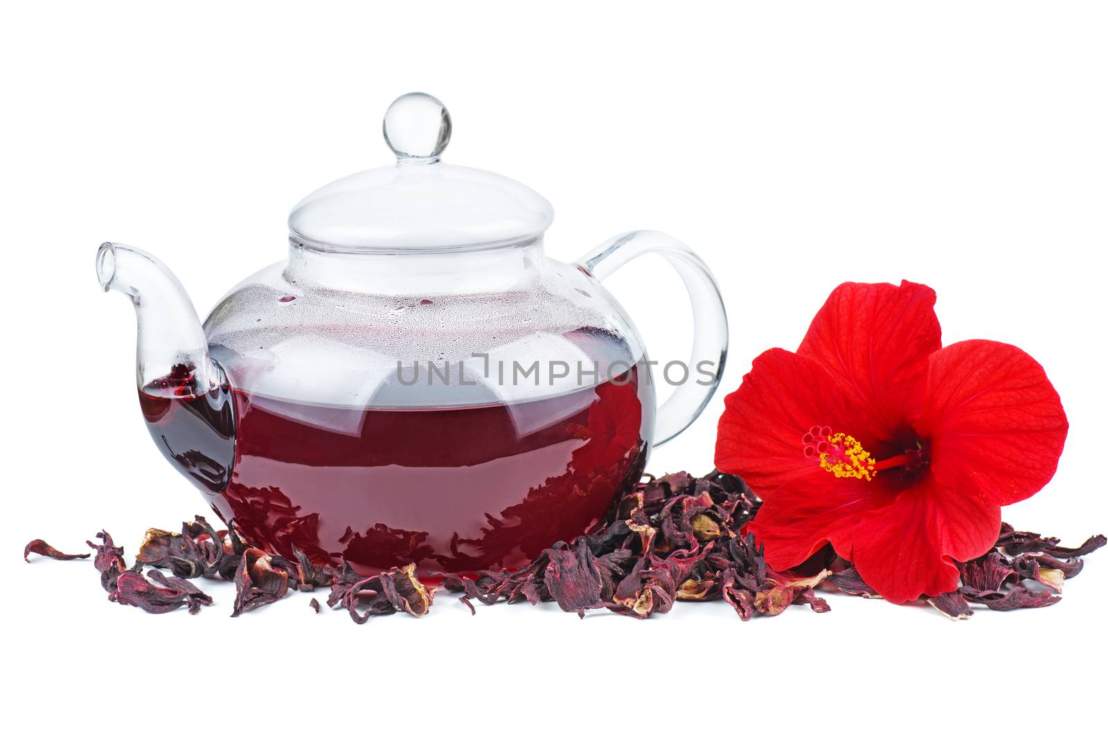 Hibiscus tea, flower and dry blossom isolated on white background