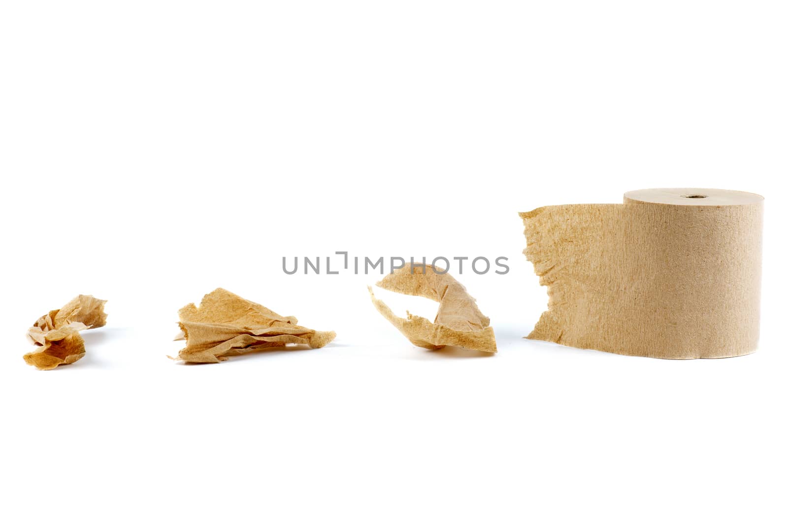 Roll of low quality brown toilet paper isolated on white background