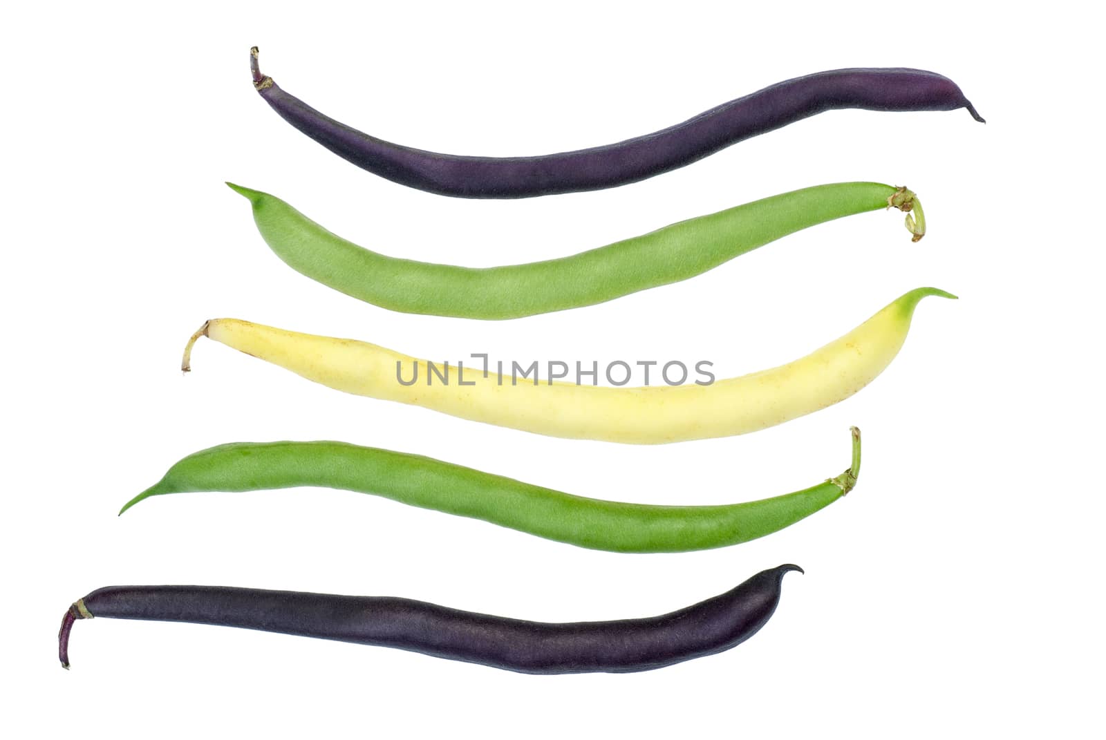 Purple, green and yellow Wax Snap Beans on the white background