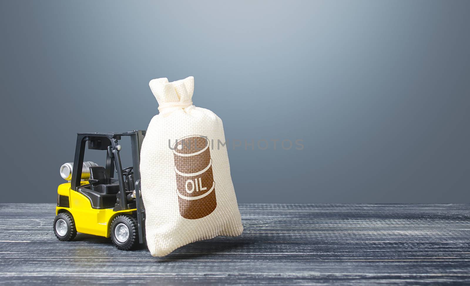 A forklift carries a bag with an oil barrel icon. Trade and transportation of oil. Buying futures for sale. Lack of storage space and oversupply. Low demand. Big discounts and deferred payments.