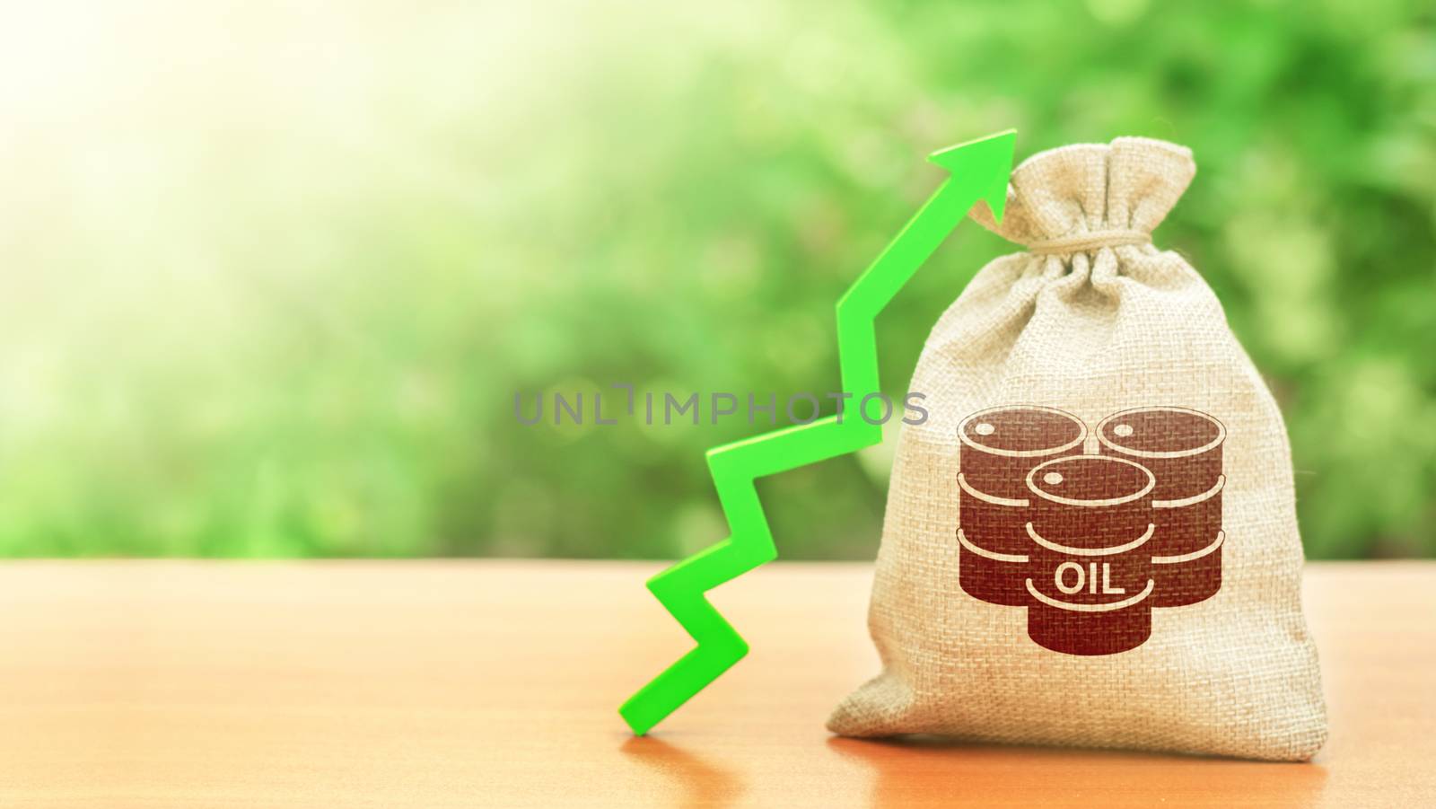 Bag with a barrel of oil and a green arrow up. Rising oil prices and stabilization of energy market. Economic recovery after crisis and demand rise. Growth of strategic and federal reserves.