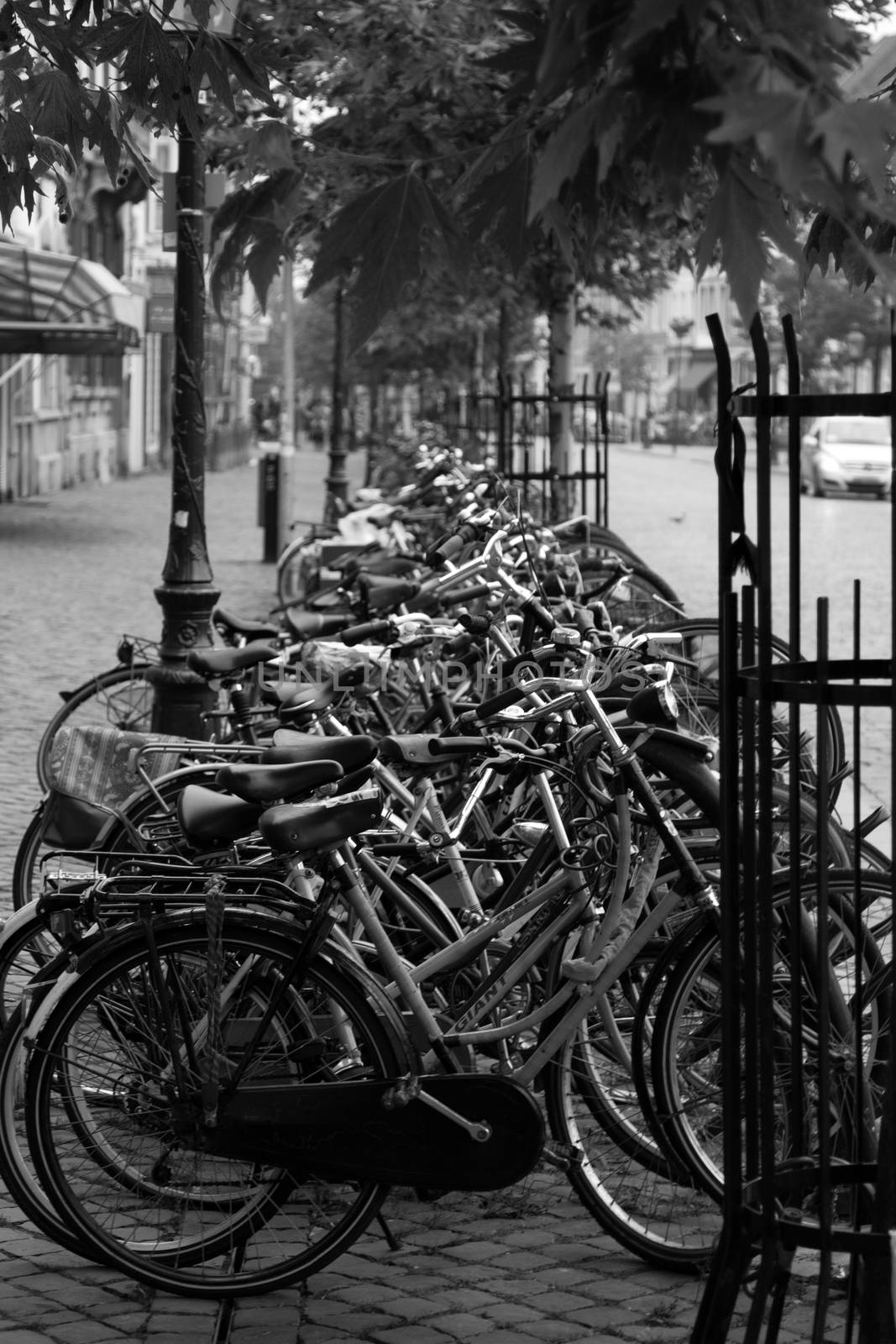 European bicycles in a city parked up
