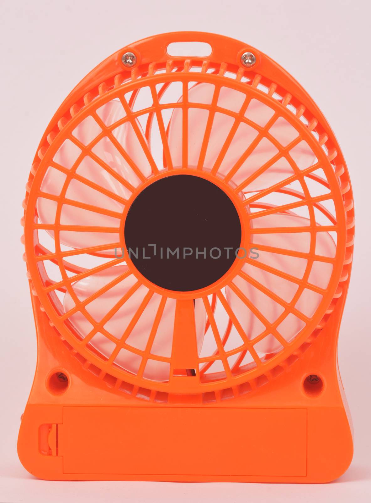 Orange mini fan, Portable fan USB on white background