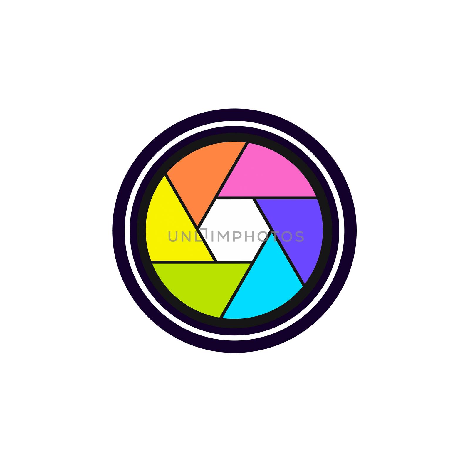 Colorful camera shutter icon on white background.