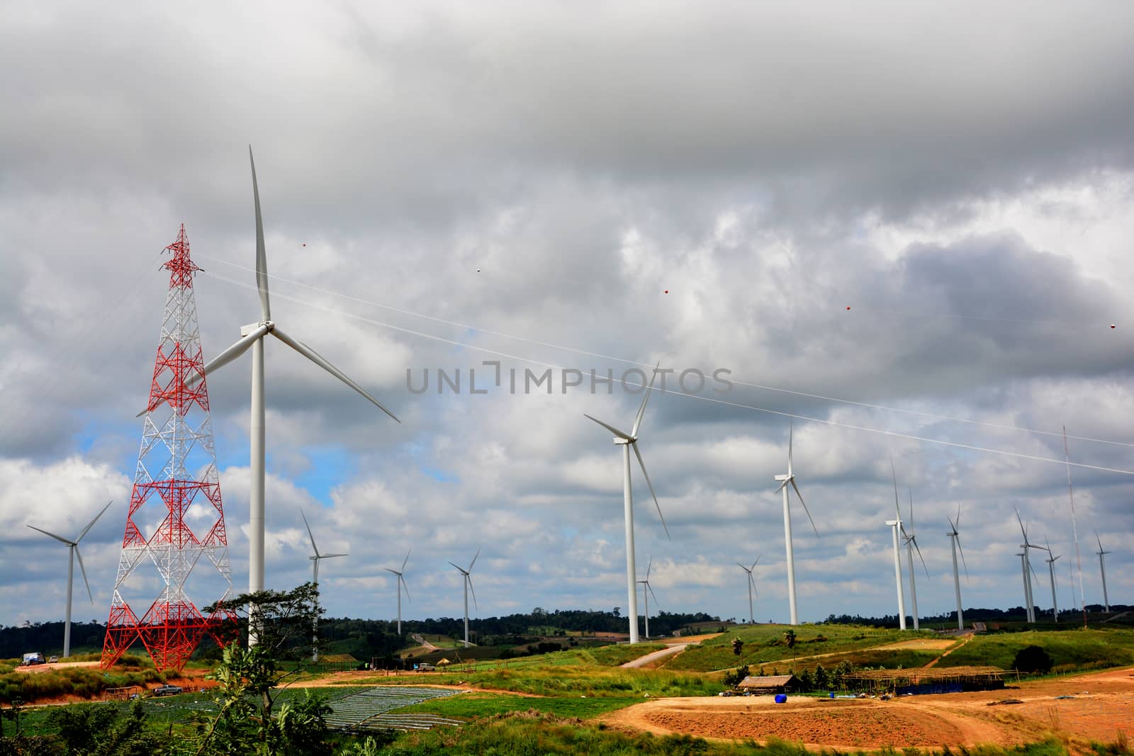 Eco power. Wind turbines power generating electricity 