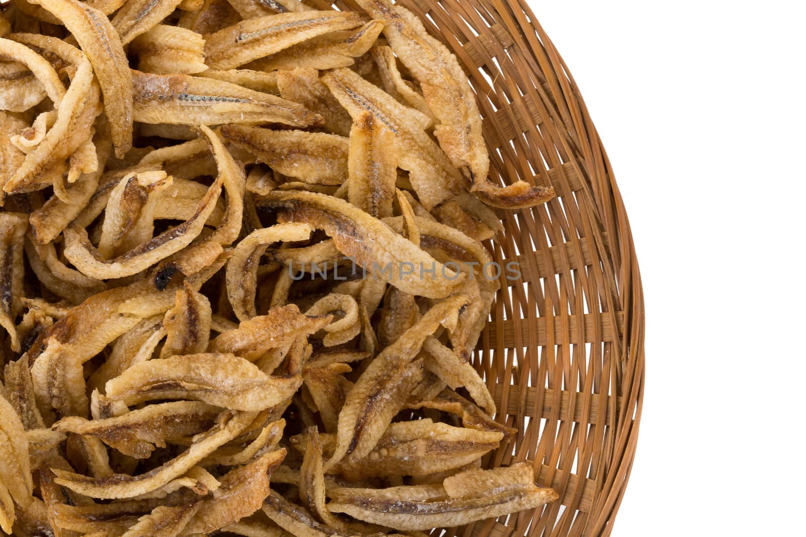 Dried Small fish anchovies and crispy Seafood isolated on white  by kaiskynet