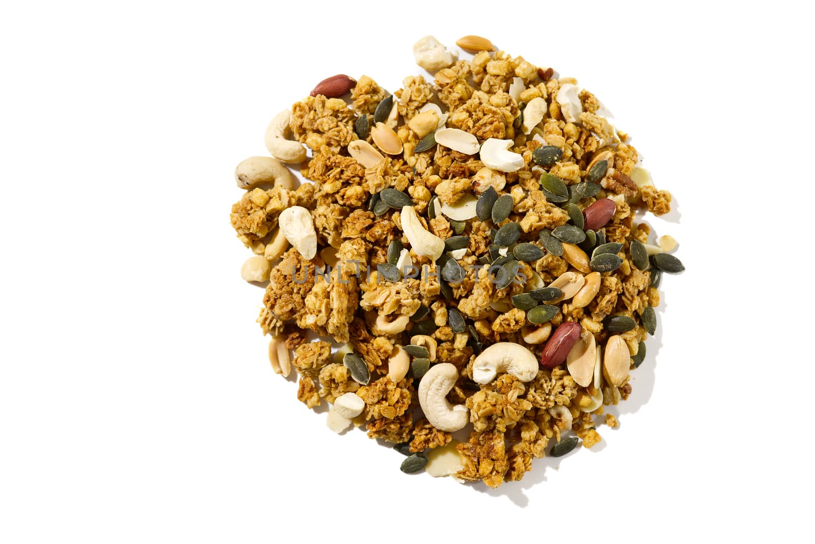 Granola with nuts isolated on white. copy space healthy food concept