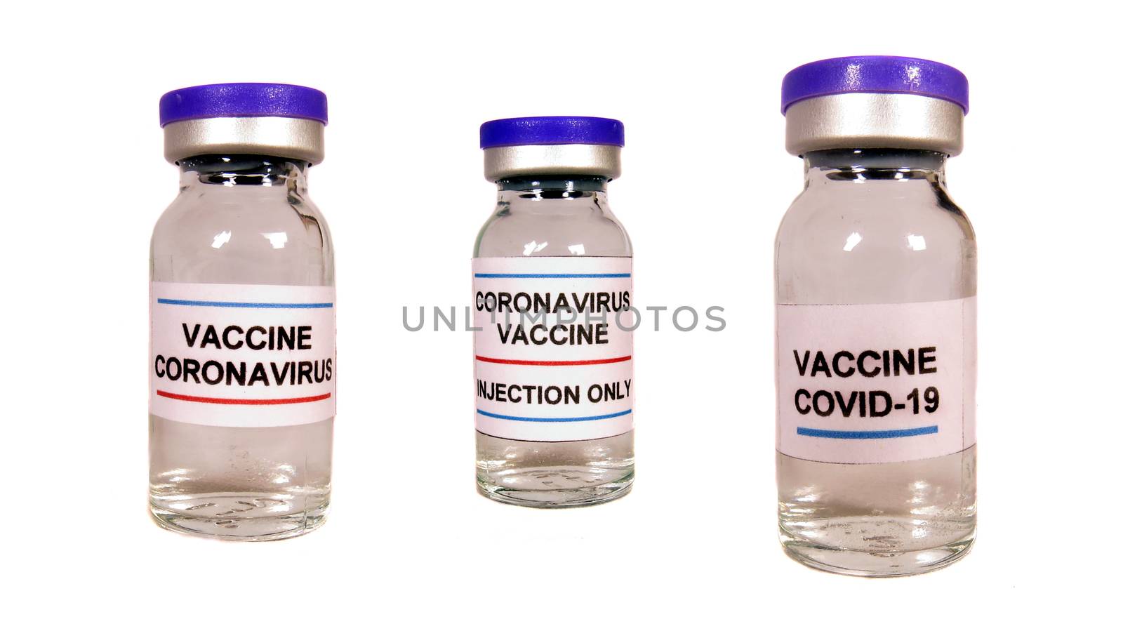 Different versions of corona virus vaccine in bottles, on white studio background.