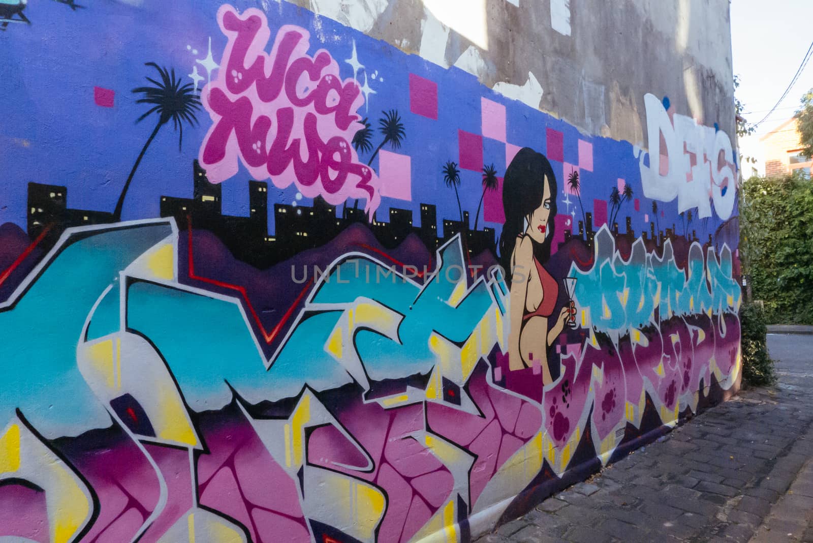 Melbourne, Australia - June 12, 2020: Street art and graffiti, famous in Melbourne, is seen in Fitzroy area near Brunswick St