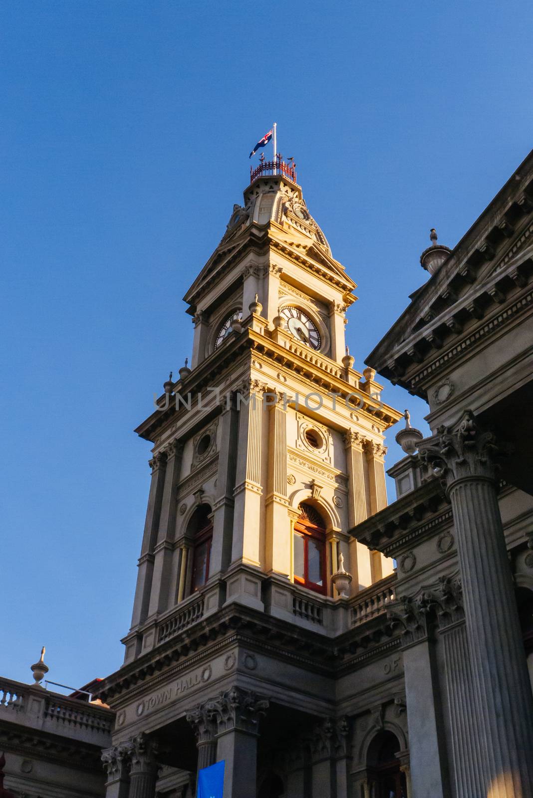Melbourne, Australia - June 12, 2020: The majestic Fitzroy Town Hall and library near Brunswick St in Fitzroy, Victoria, Australia