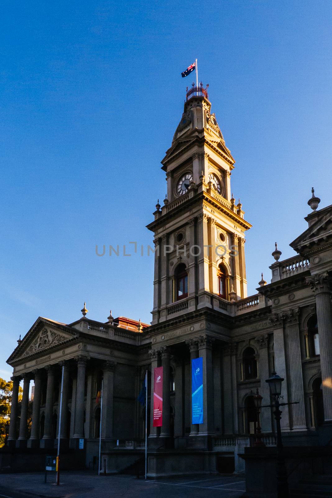 Melbourne, Australia - June 12, 2020: The majestic Fitzroy Town Hall and library near Brunswick St in Fitzroy, Victoria, Australia