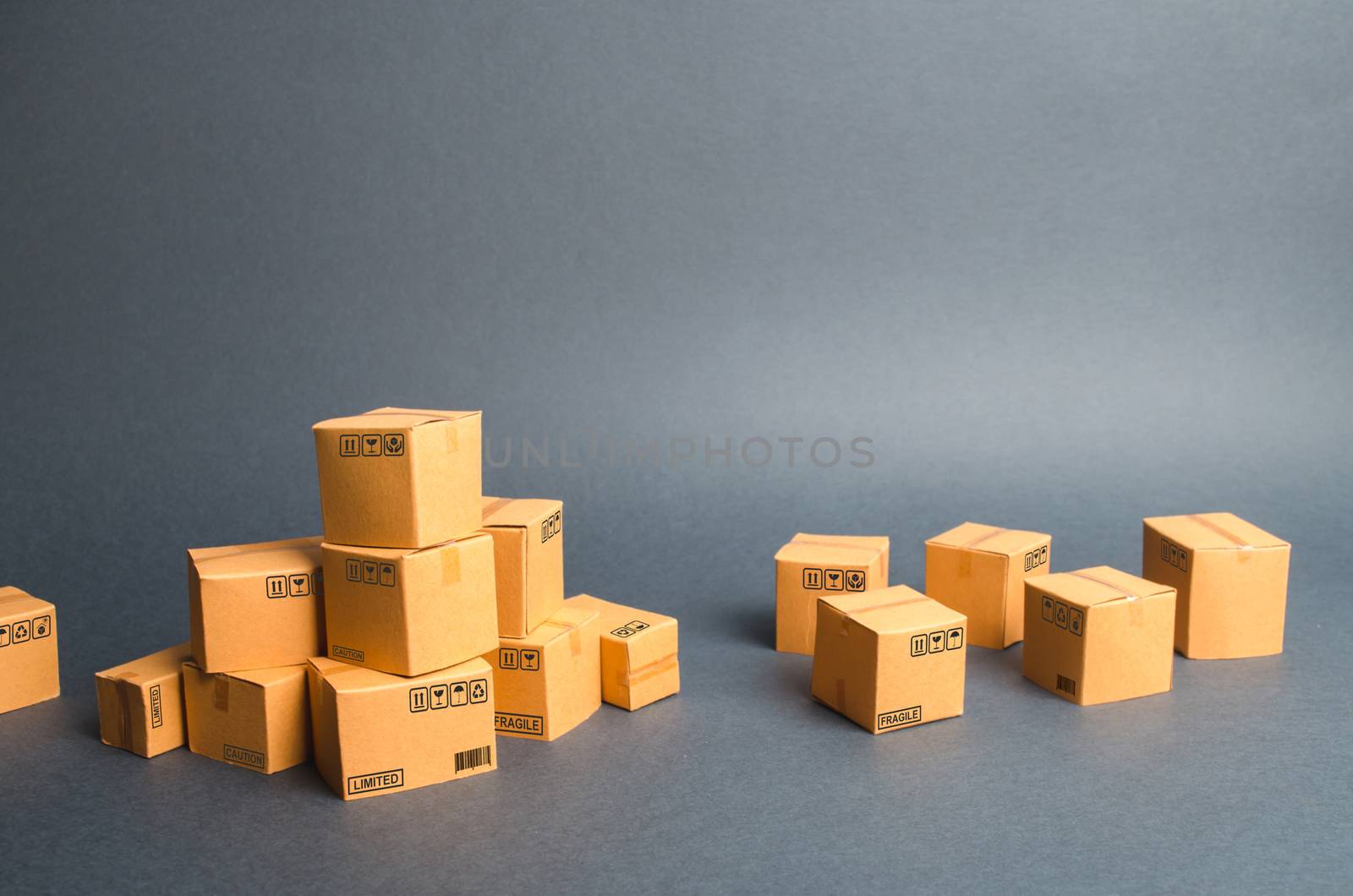 Many cardboard boxes. products, goods, commerce and retail. E-commerce, sale of goods through online trading platform. Freight shipping, deliver. sales of goods and services. Warehouse, stock