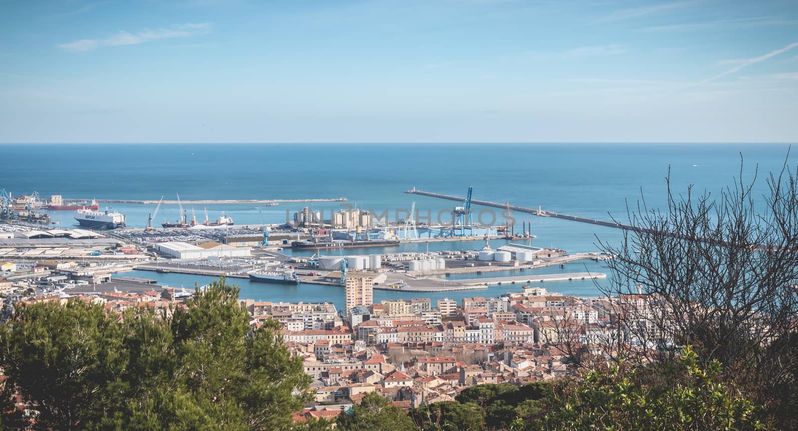 Sete, France - January 4, 2019: Aerial view of the industrial area in the commercial port on a winter day