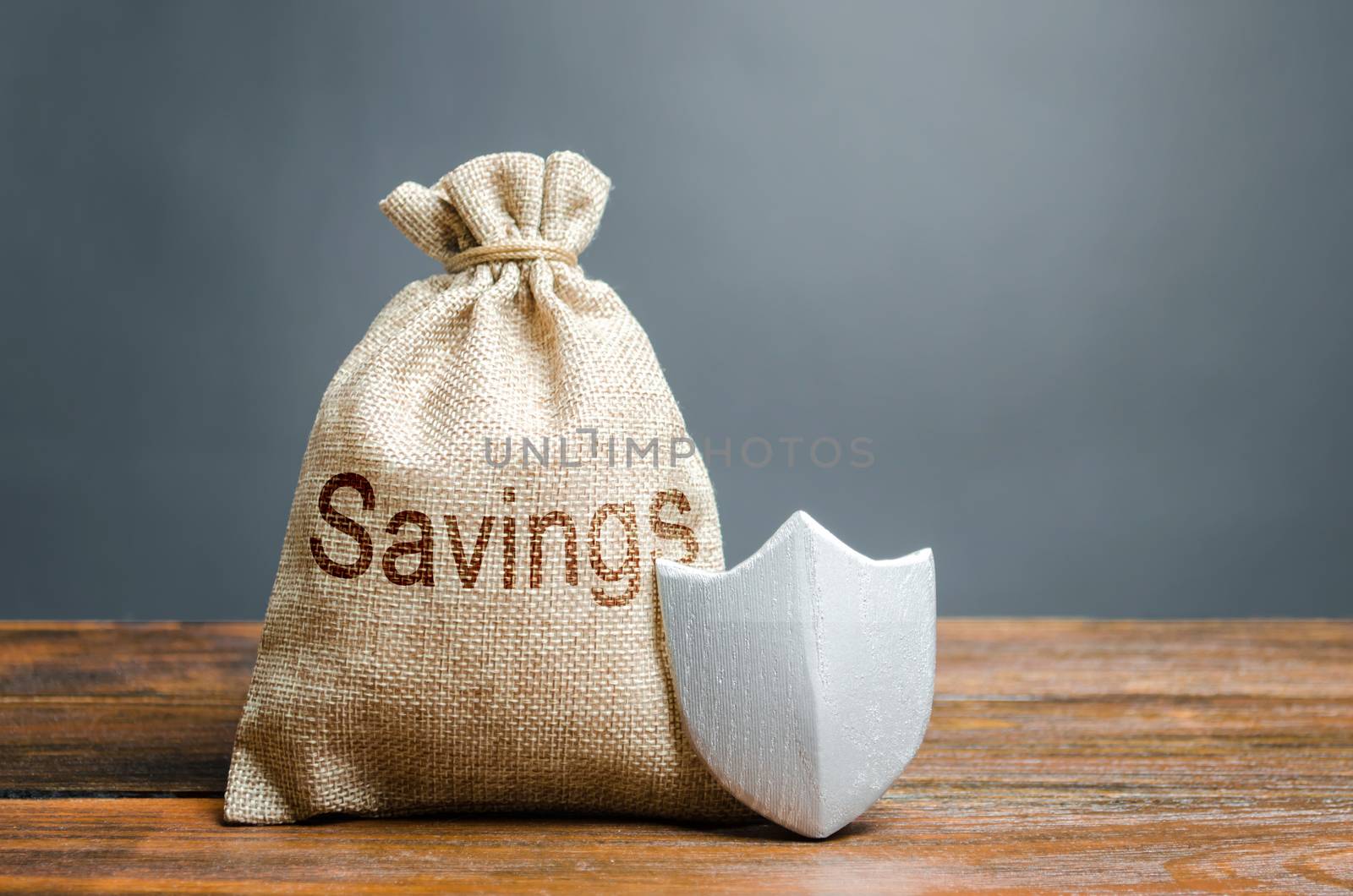 Bag with the words Savings and protection shield. Concept of protection of savings and cash, guaranteed deposits. Compensation for losses in inflation, safeguarded investment capital.