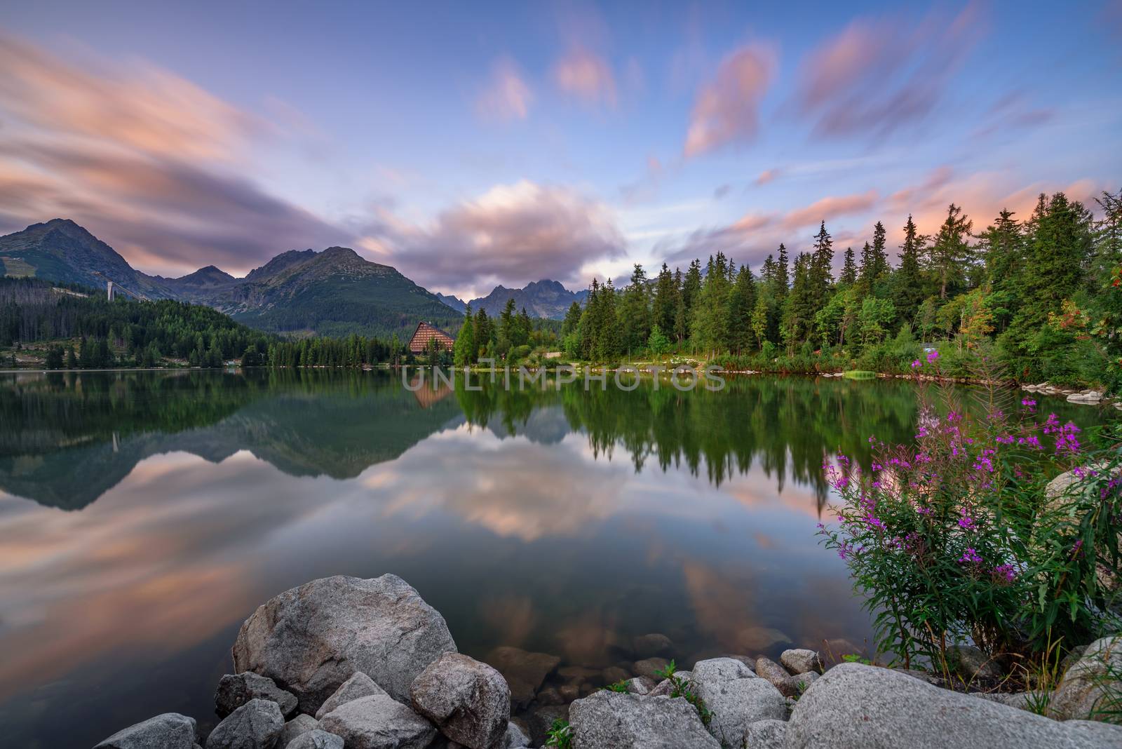 Glacial mountain lake Strbske Pleso in National Park High Tatra, Slovakia. Long exposure.