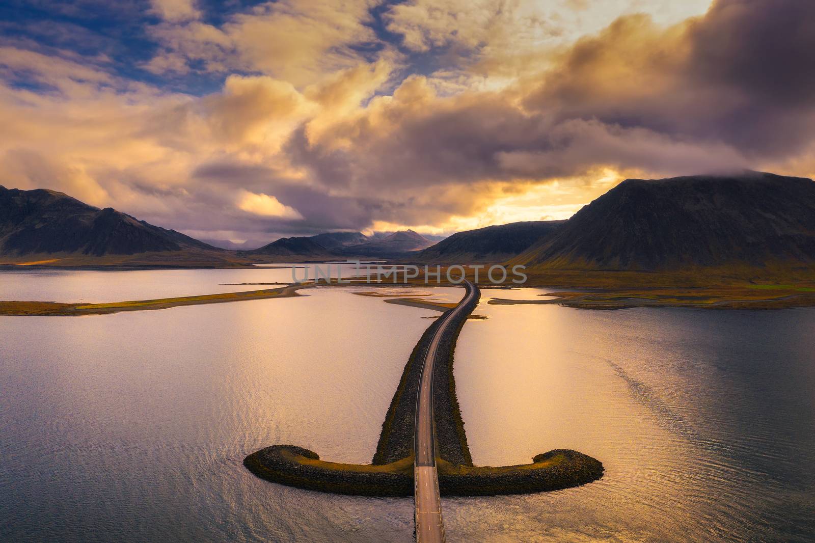 Aerial view of an iconic bridge located on the Snaefellsnes peninsula in west Iceland at sunset.