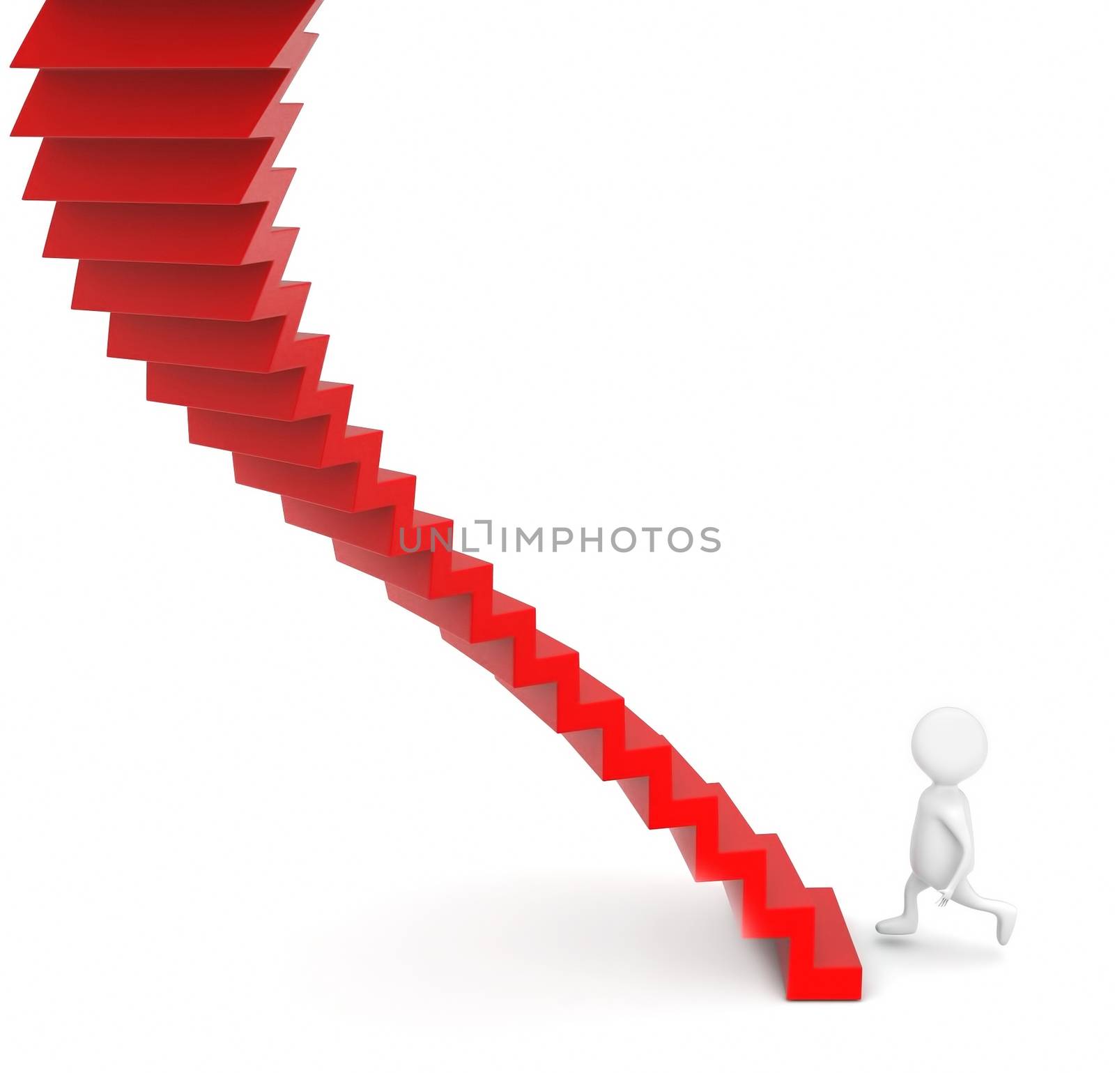 3d man going to walk via steps concept in white isolated background , side angle view