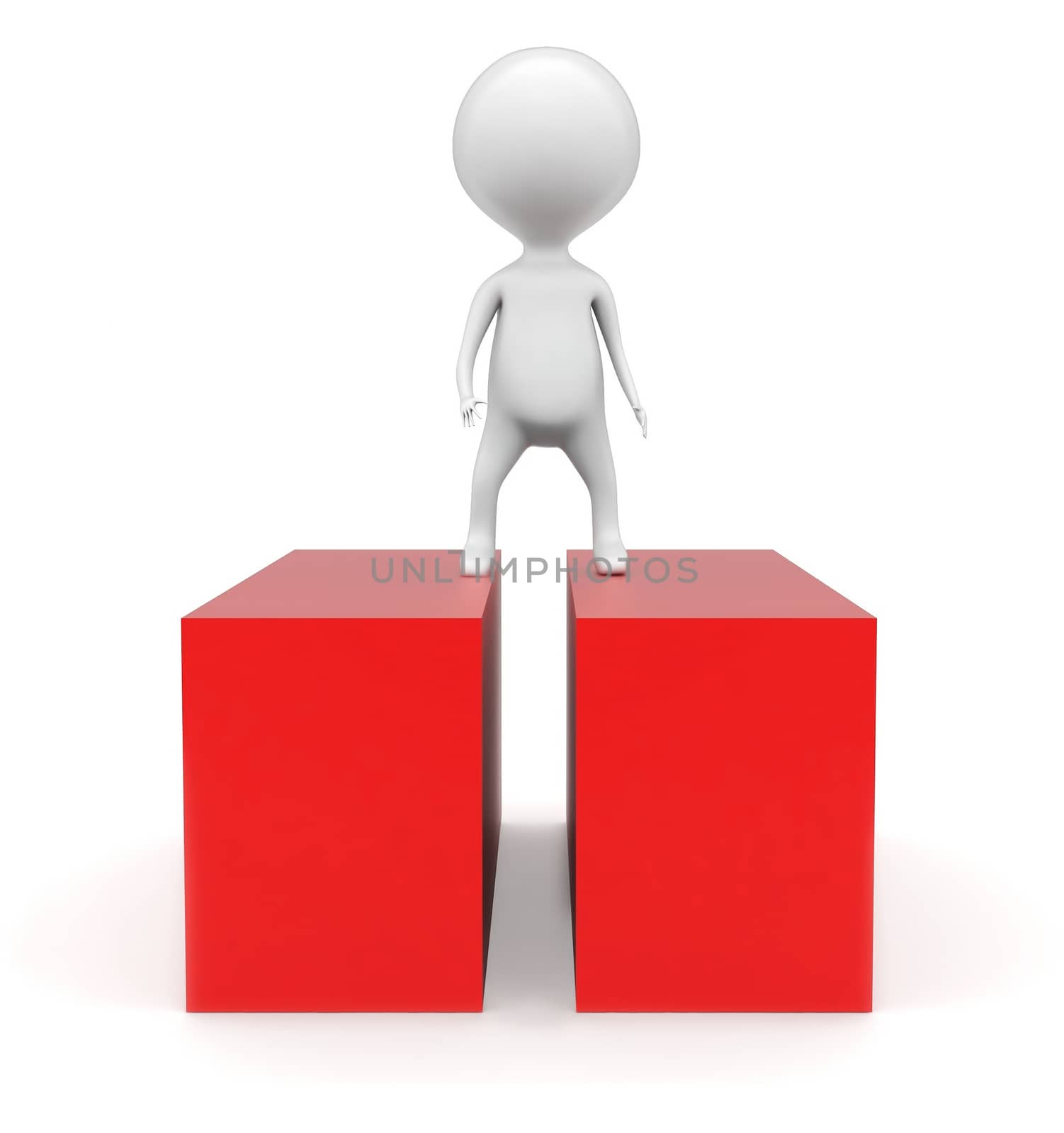 3d man standing inbetween two red blocks concept in white isolated background - 3d rendering , front angle view