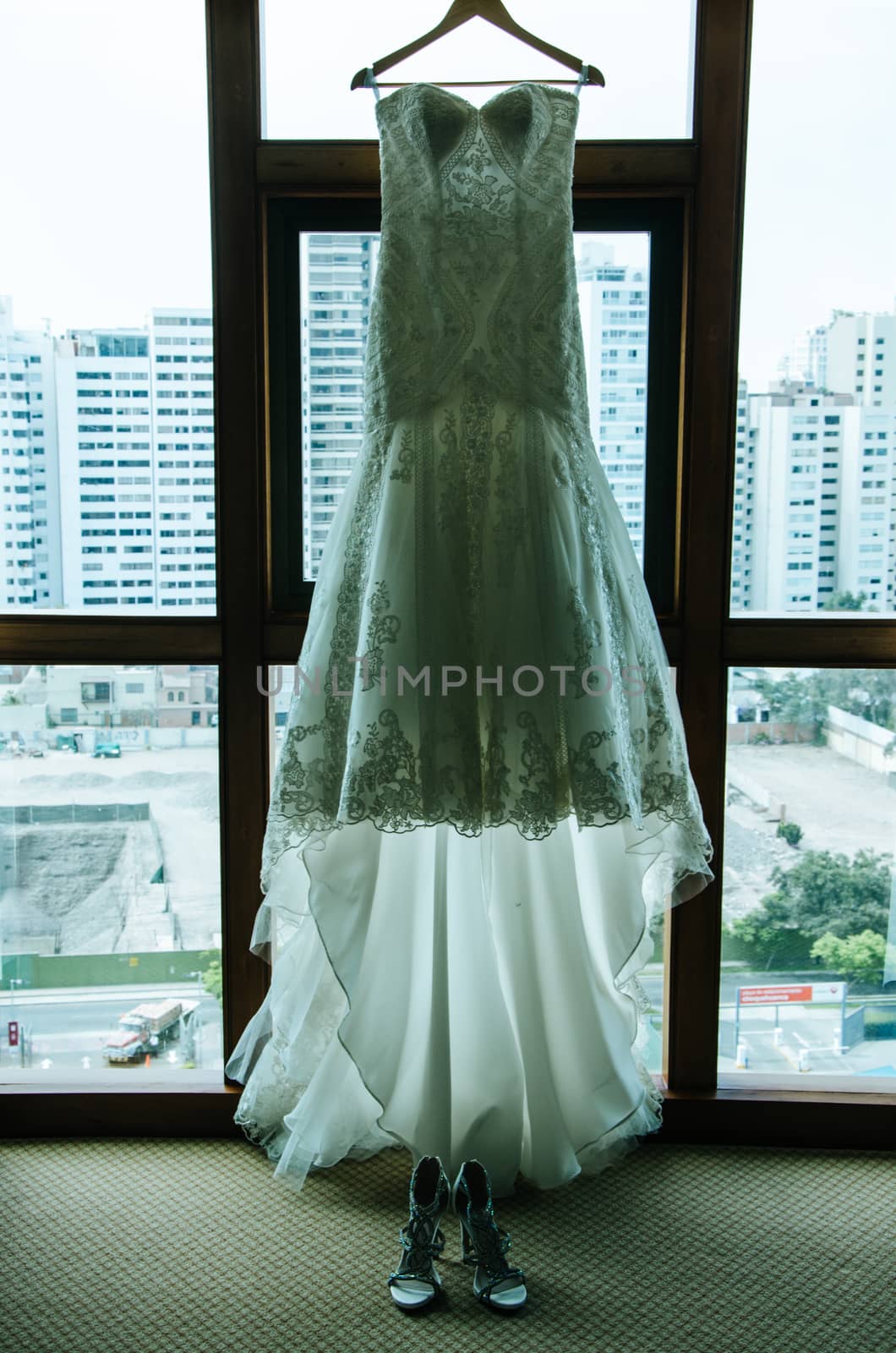 White wedding dress with shoes