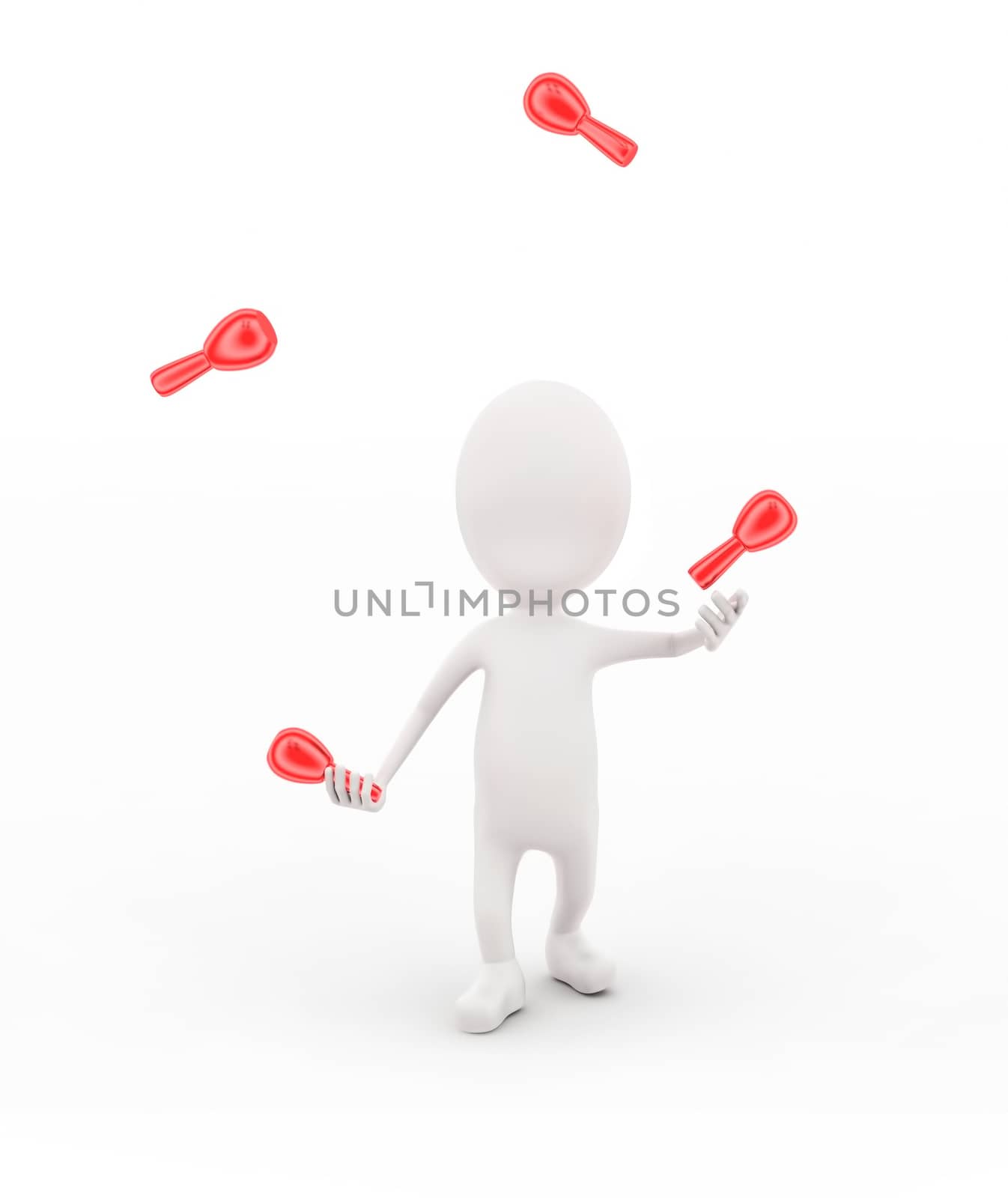 3d man juggling concept in white isolated background , front angle view
