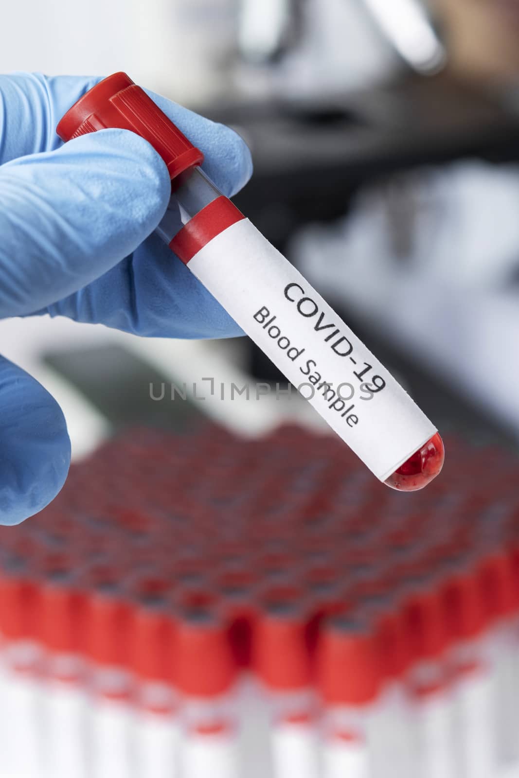 Cropped view of scientist in latex glove holding test tube with blood sample, Test tube with blood sample for COVID-19 test, novel coronavirus 2019.