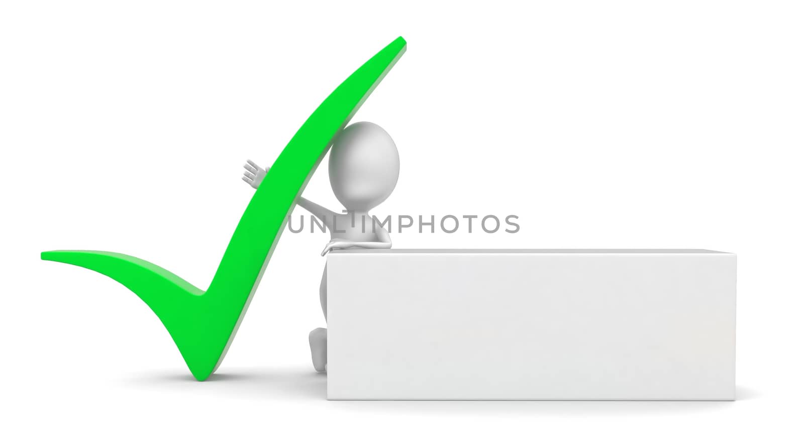 3d man with accepted tick sign and a white banner concept by qualityrender