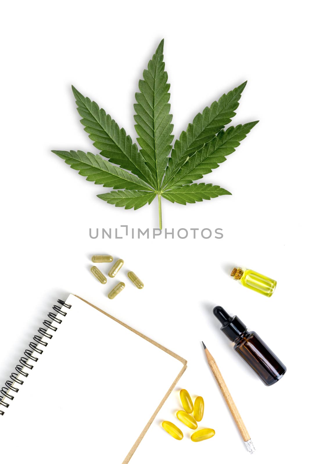 Cannabinol CBD, cannabis molecule. cannabis or hemp or marijuana chemical formula. Green concept isolated on white background. Cannabis leaves from hemp leaf, Top view weed, THC oil pharmaceutical.