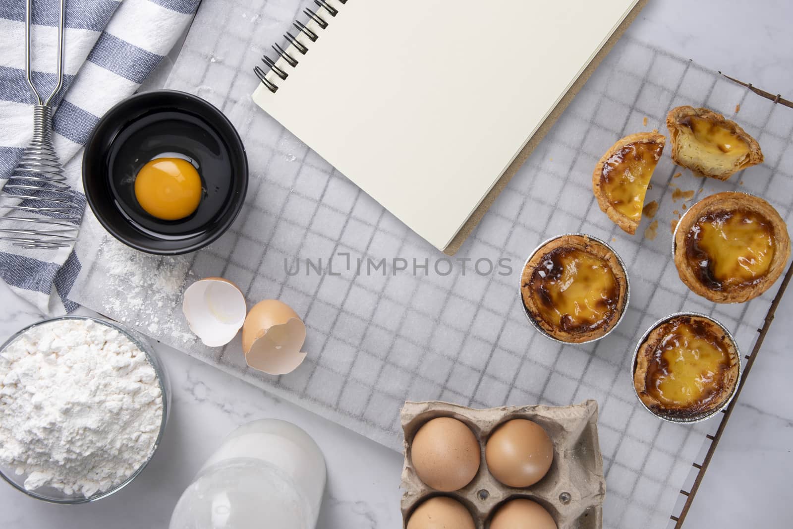 Egg tart, traditional Portuguese dessert, pasteis de Nata Portuguese Custard Tarts food on a Cooling Rack. Typical custard pies.