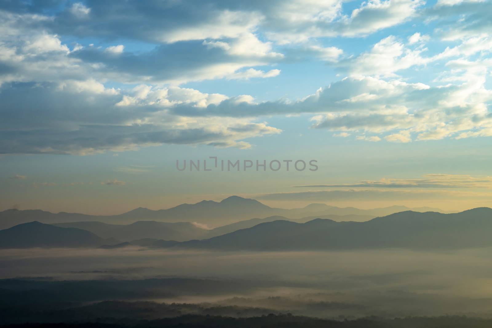Mountain with white mist in morning sunrise, nature landscape. B by Aedka_Stodio