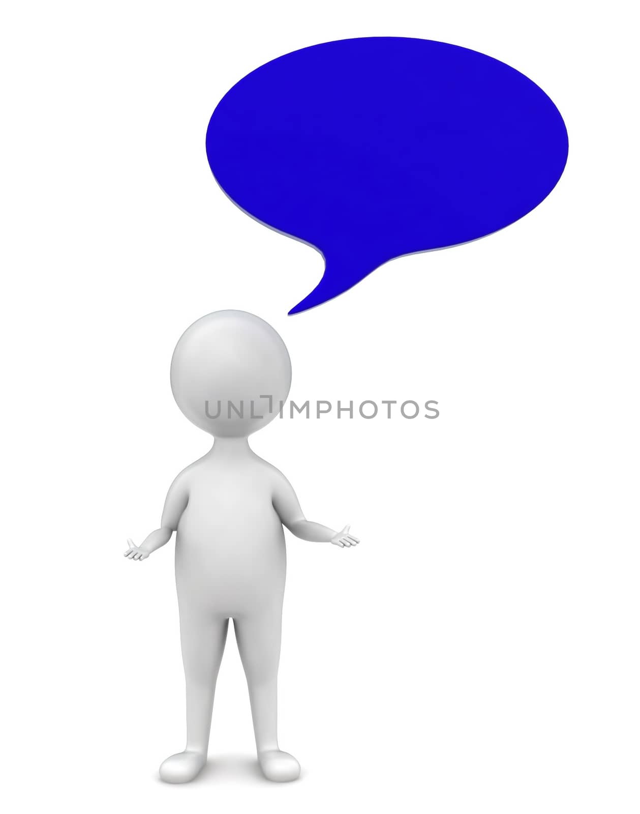 3d man with speech bubbles on top concept in white isolated background , front angle view