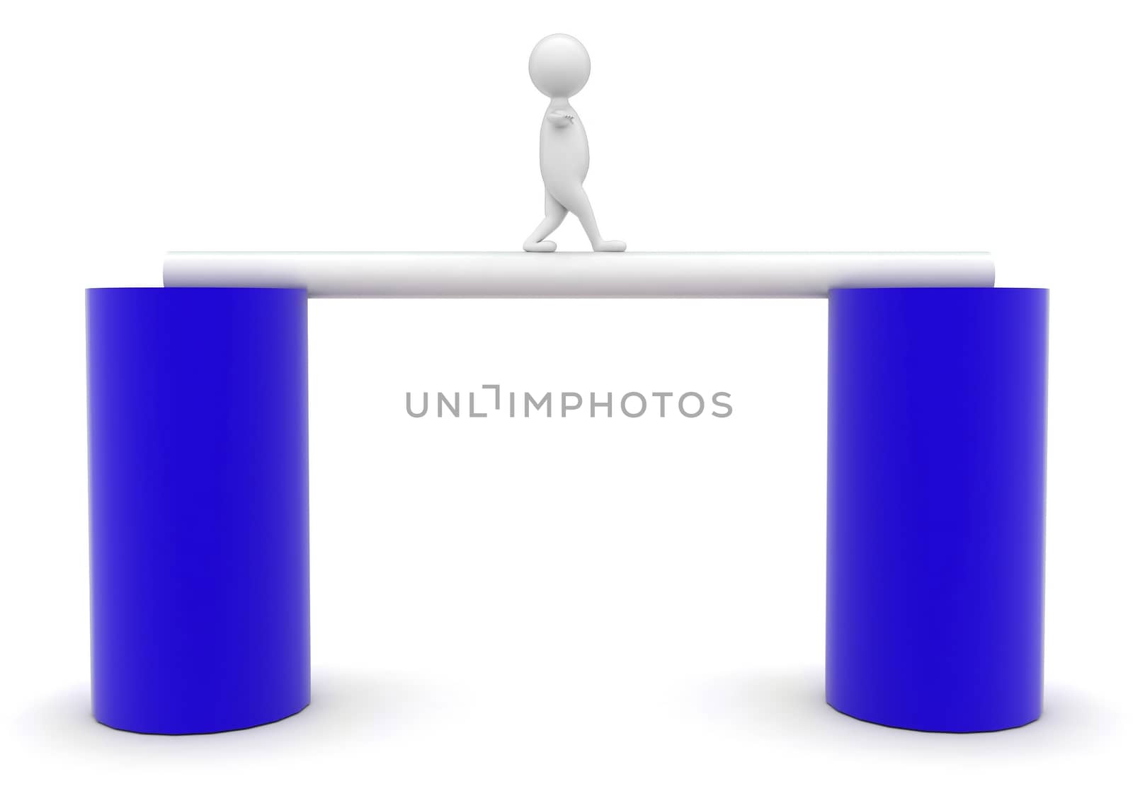 3d man walking through cylinder concept in white isolated background - 3d rendering , side angle view