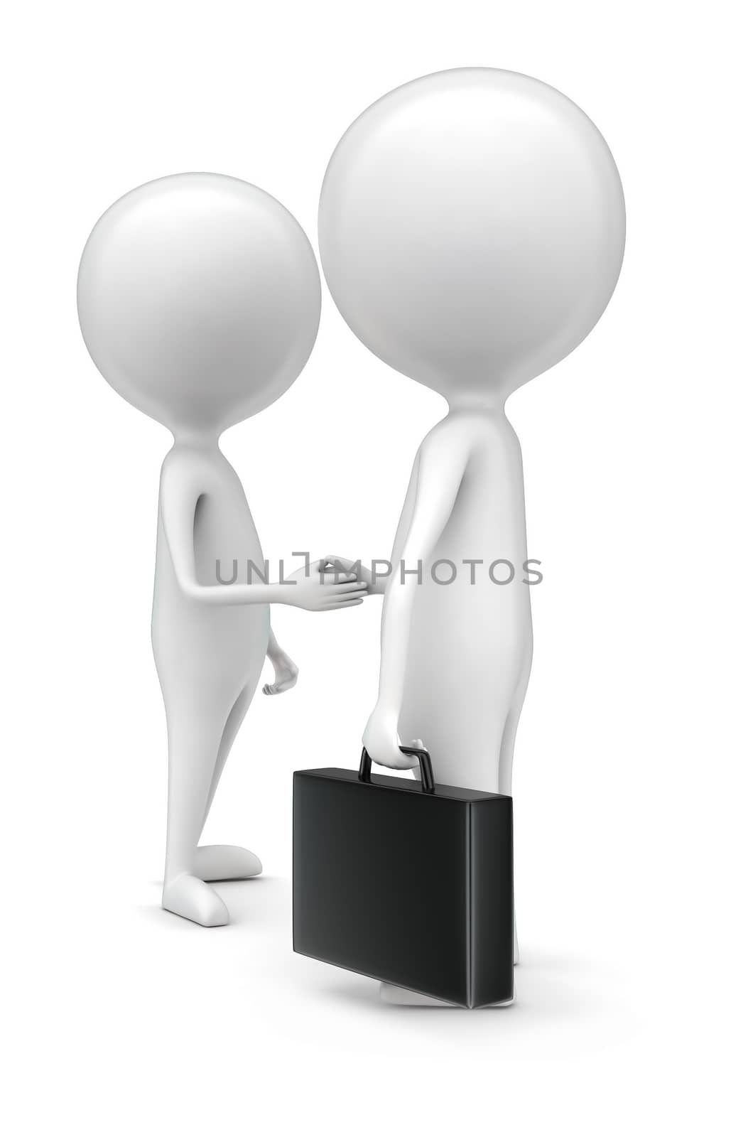 3d men handshaking eachother concept in white isolated background - 3d rendering , side angle view