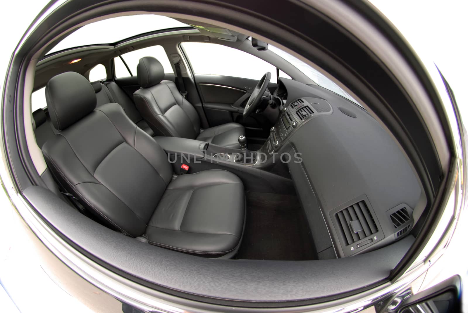 modern passenger car interior with fisheye lens