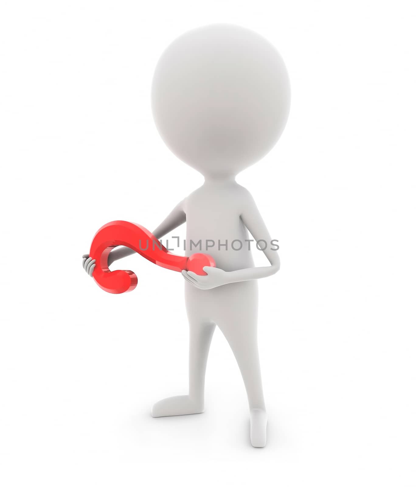 3d man holding question mark concept in white background, front angle view