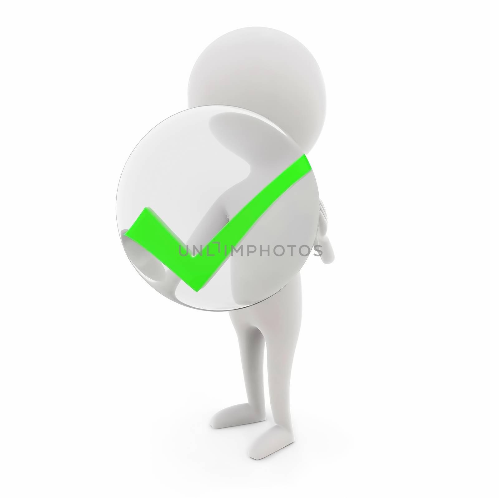3d man tick - accept mark inside ball concept in white background, front angle view