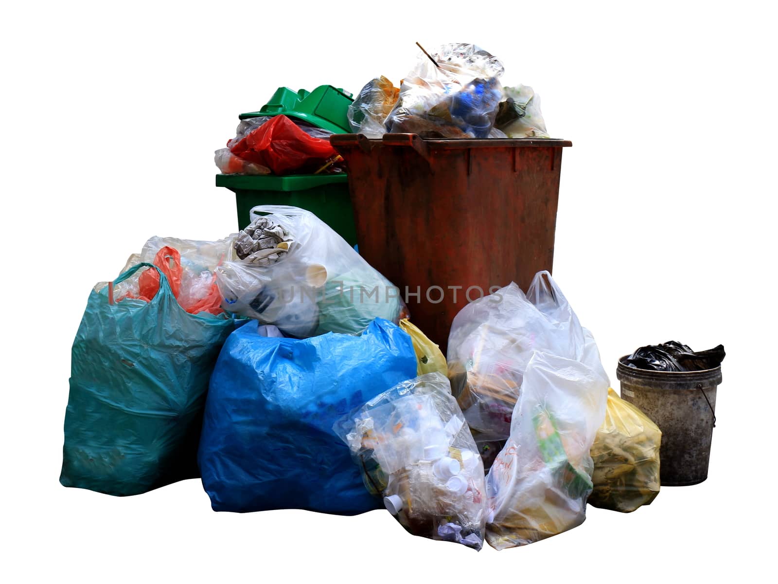 Bin, trash bag plastic, Garbage bag pile, Pollution from waste plastic by cgdeaw