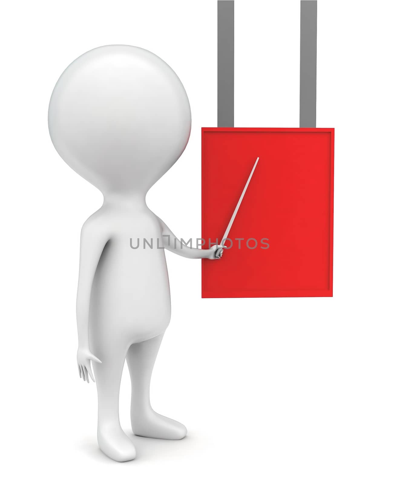 3d man presenting red banner concept in white isolated background - 3d rendering , front angle view